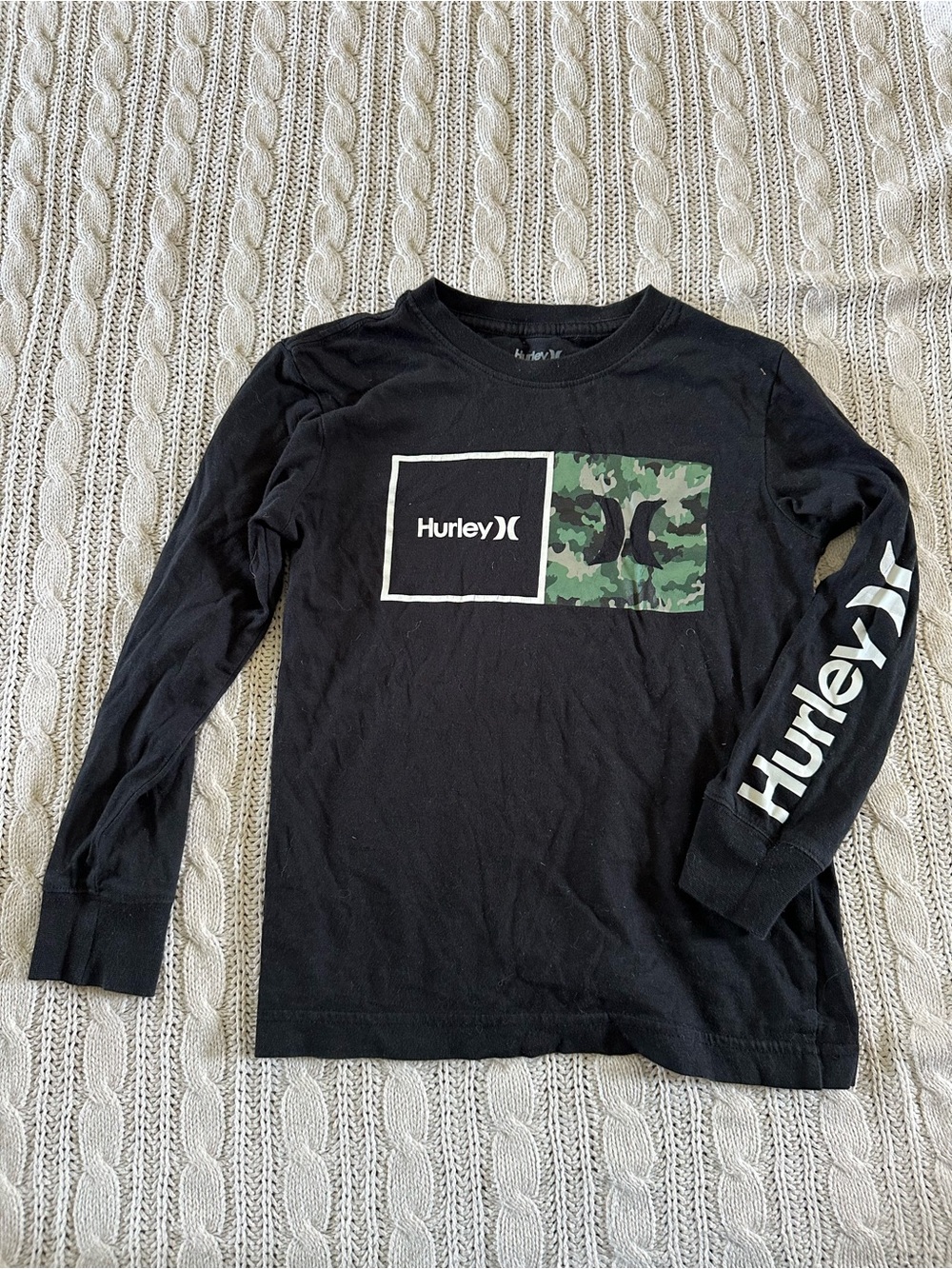Hurley Black Long-Sleeve Tee with Green Camo Logo